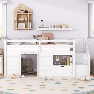 Kids Loft Bed Twin Size, Solid Wood Low Loft Bed Frame with Storage Stairs and Drawer, Modern Farmhouse Loft Bed for Boys Girls