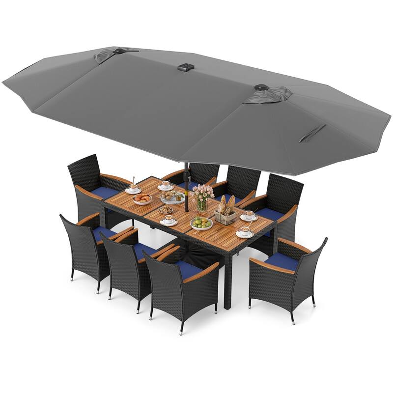 Gymax 11 PCS Patio Dining Set w/ 15ft Double-Sided Patio Umbrella
