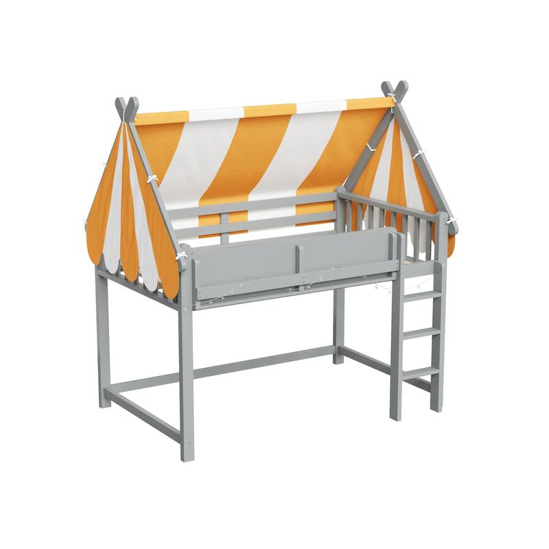 Loft Bed with Bright Yellow White Canopy, House-shaped Bed Frame Design with LED String Lights and Front Display Bookshelf