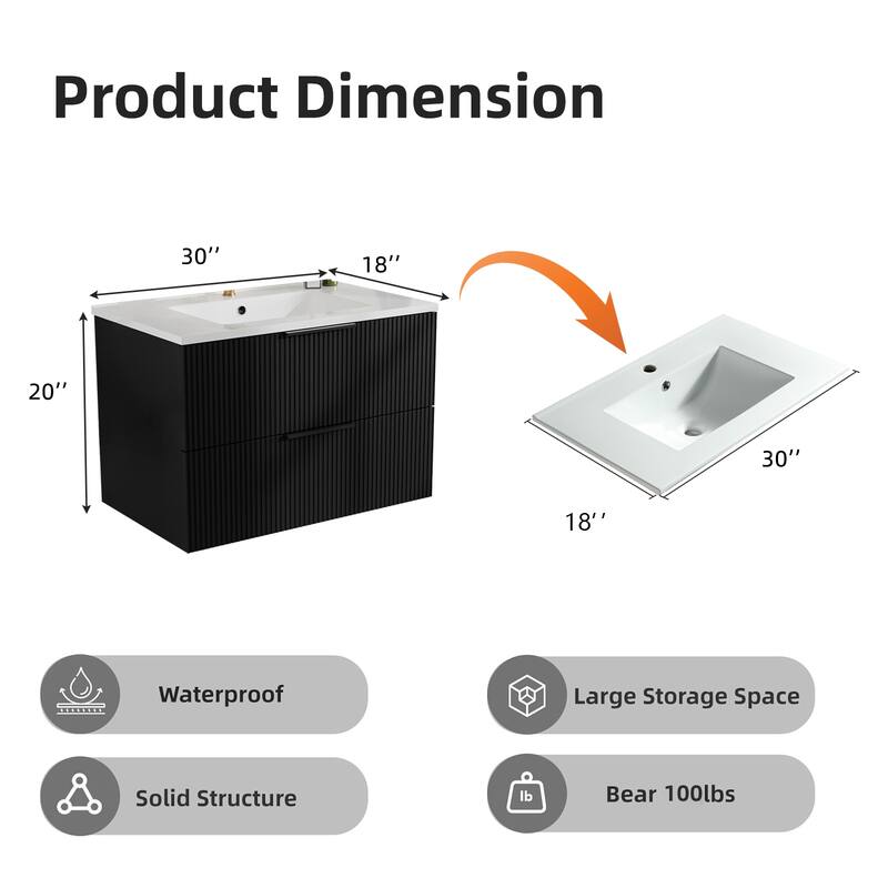 30 Inch Floating Bathroom Vanity with Ceramic Sink, Wall Mounted Fluted Cabinet with Drawers, Modern MDF Design