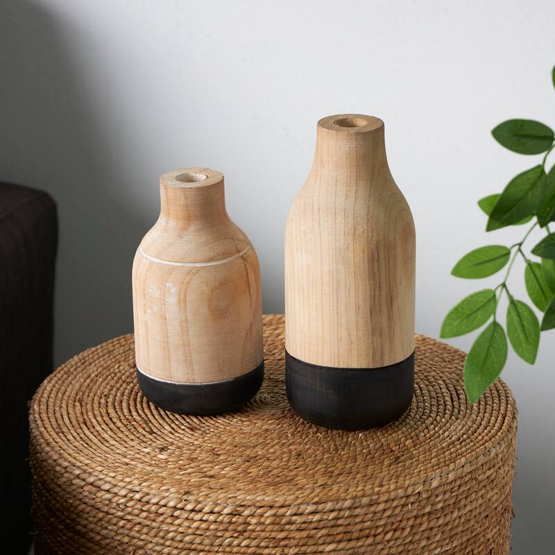 Light Brown Wood Colorblock Decorative Vase with Black Bases (Set of 2) - Light Brown