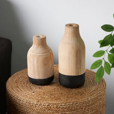 Light Brown Wood Colorblock Decorative Vase with Black Bases (Set of 2)