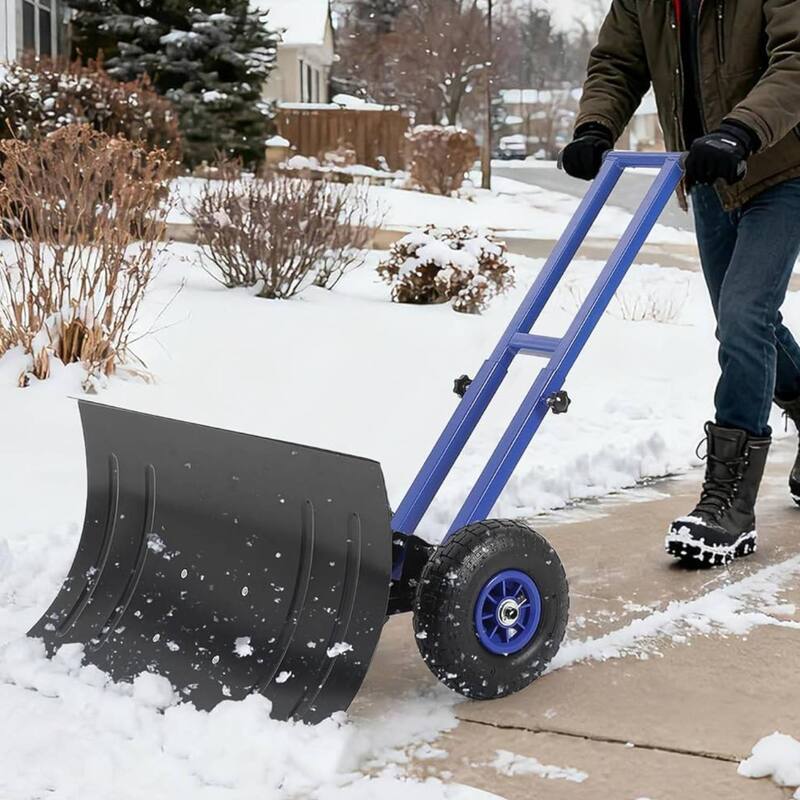 29.13x16.54 in Heavy Duty Rolling Snow Pusher Shovel for Driveway, Doorway, Sidewalk - Blue