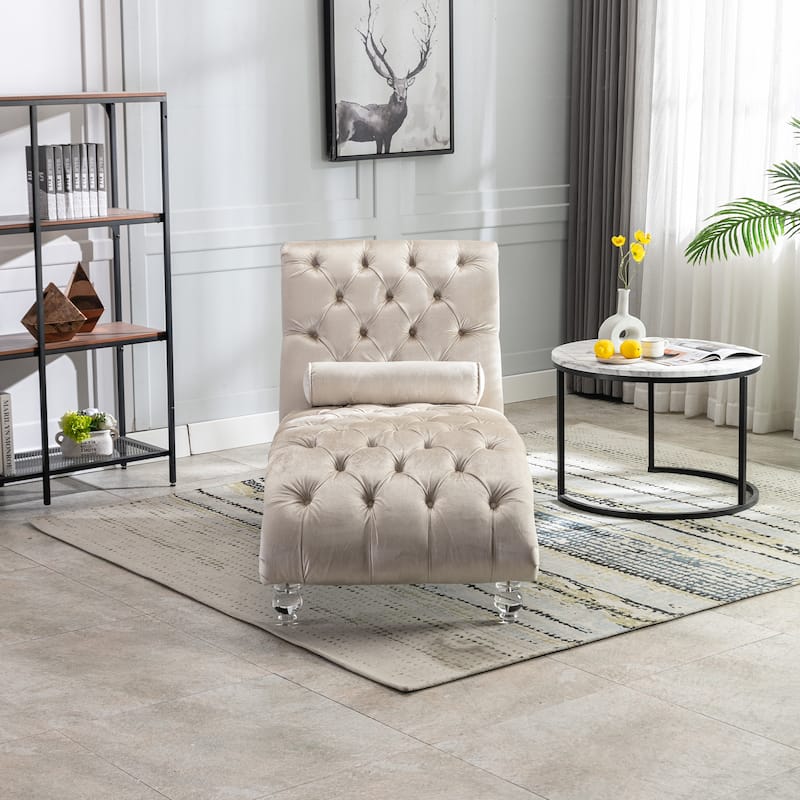 Beige 63.98" Buttons Tufted Chaise Lounge Chair with Pillow