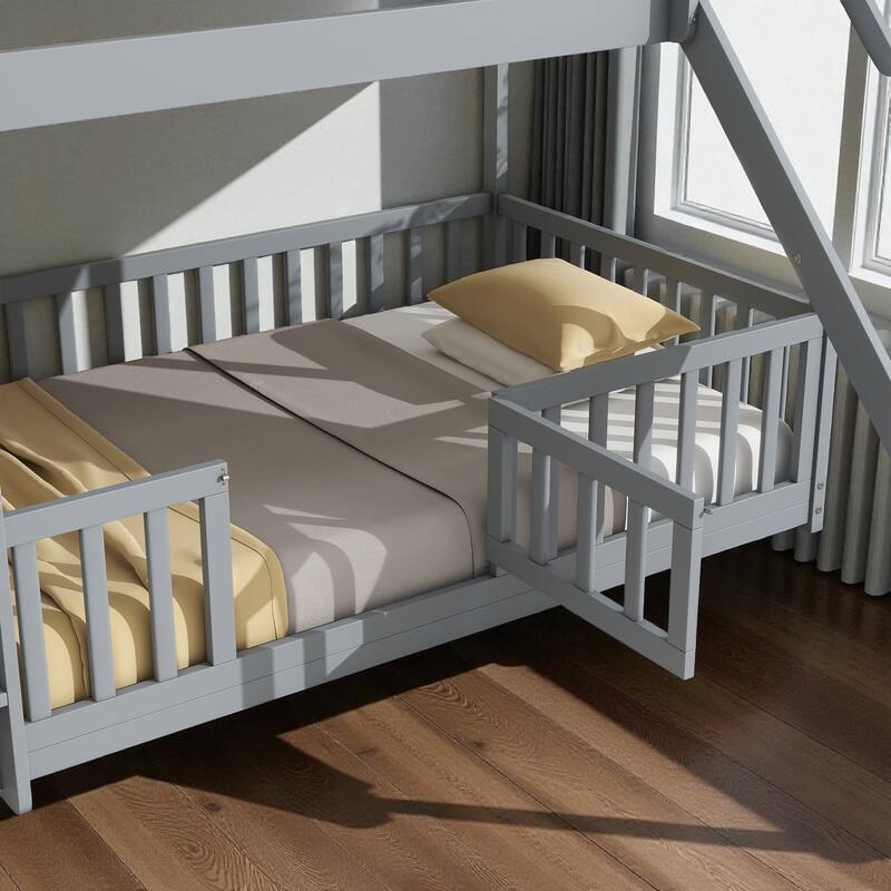 Solid Pine Wood Twin Over Twin Bunk Bed with Slide, Door, Ladder, and Guardrails, Convertible Floor Bunk Bed for Kids