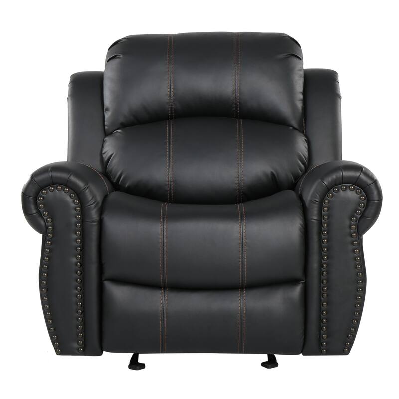 Manual Glider Recliner Chair, Nailhead Trim, Plush Black Faux Leather