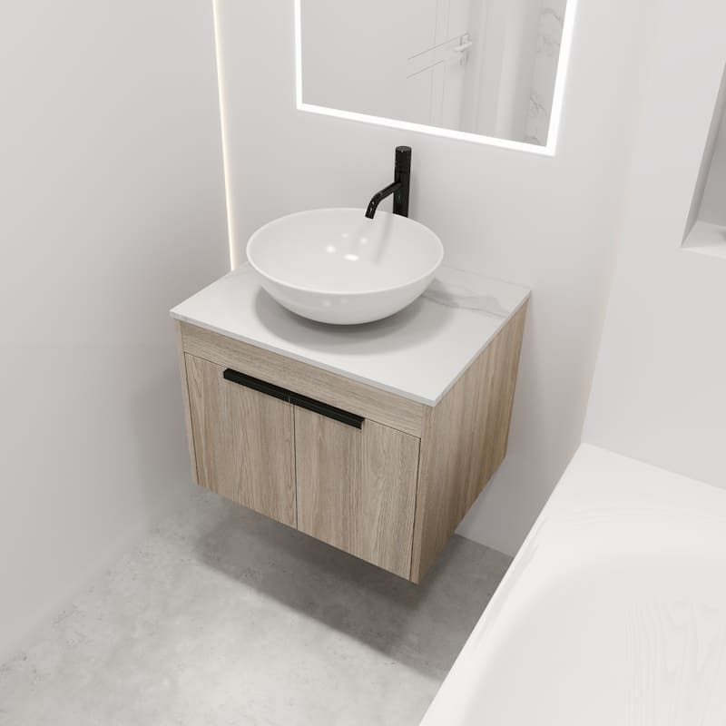 24 " Float Bathroom Vanity With Ceramic Basin Set,Wall Mounted White Oak Vanity With Soft Close Door,2 Pieces Parcel