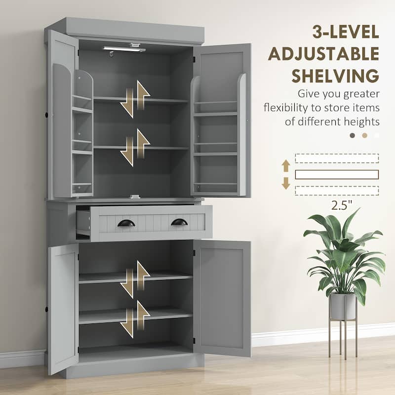 Tall Kitchen Pantry Cabinet with Adjustable LED Light and Drawer Shelves for Organized Storage - 30.1" W x 15.7" D x 71.3" H