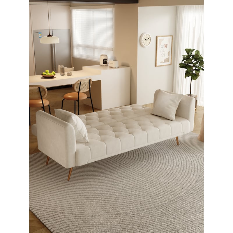 71 inch Convertible Beige Velvet Sofa Bed for Small Spaces