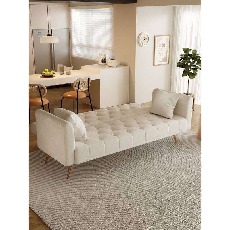 Velvet Loveseat Sofa Adjustable Backrest Sleeper Sofa Bed with 2 Pillow Upholstered Deep Seat Sofa, Tufted Couch