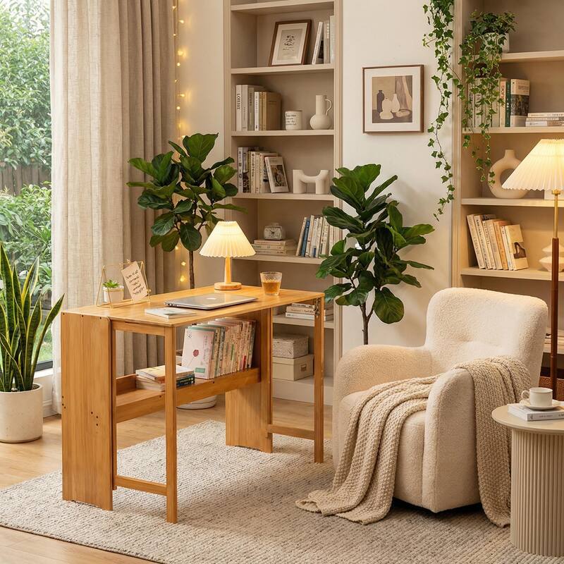 Bamboo Folding Desk, Space-Saving Foldable Computer Desk with Storage Shelf for Home Office, Dorm or Small Spaces