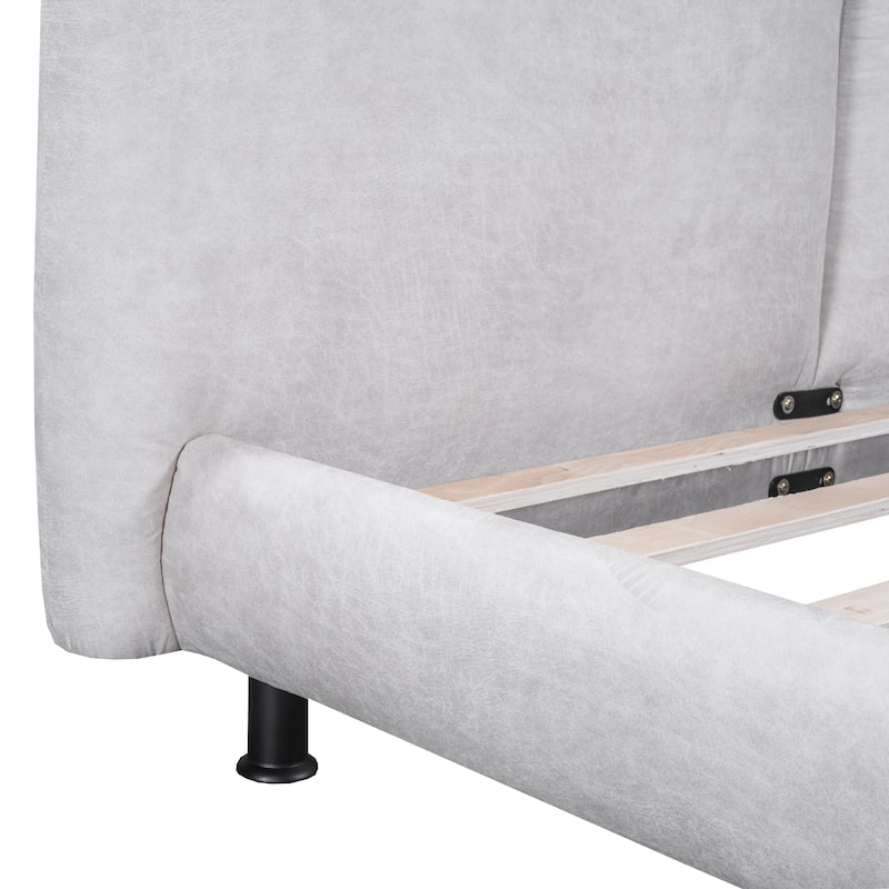 Queen Size Upholstered Platform Bed with Two Large Headrests and Thick Fabric, Polyester