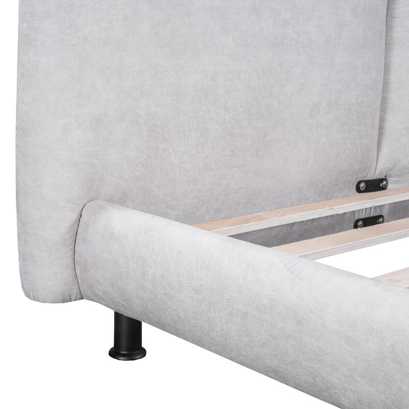 Queen Size Upholstered Platform Bed with Two Large Headrests and Thick Fabric