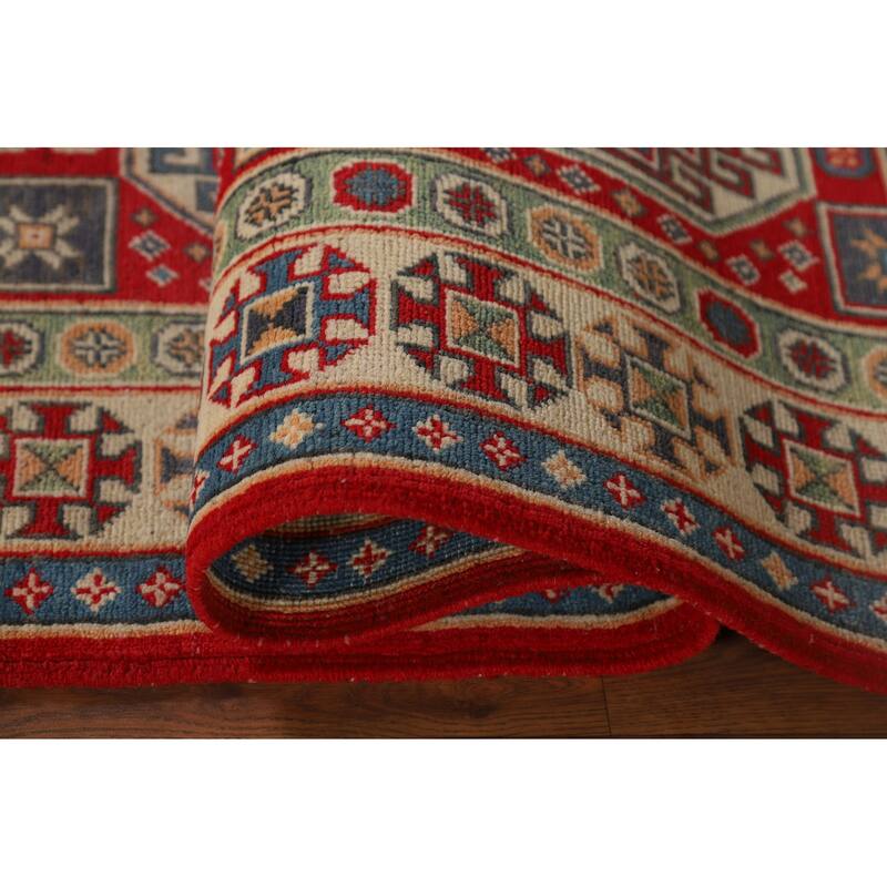 Geometric Kazak Runner Rug Hand-Knotted Oriental Red Wool Carpet - 2'9" x 9'11"
