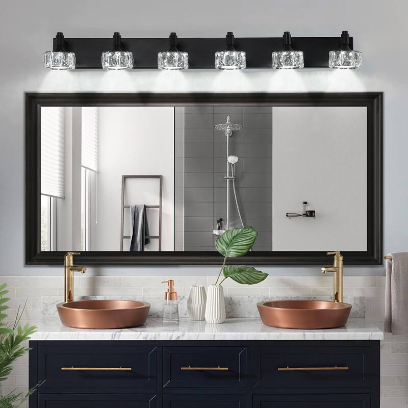 Modern 6-Light Matte Black LED Vanity Light Fixture with Crystal Glass Shades, Bathroom Wall Sconce