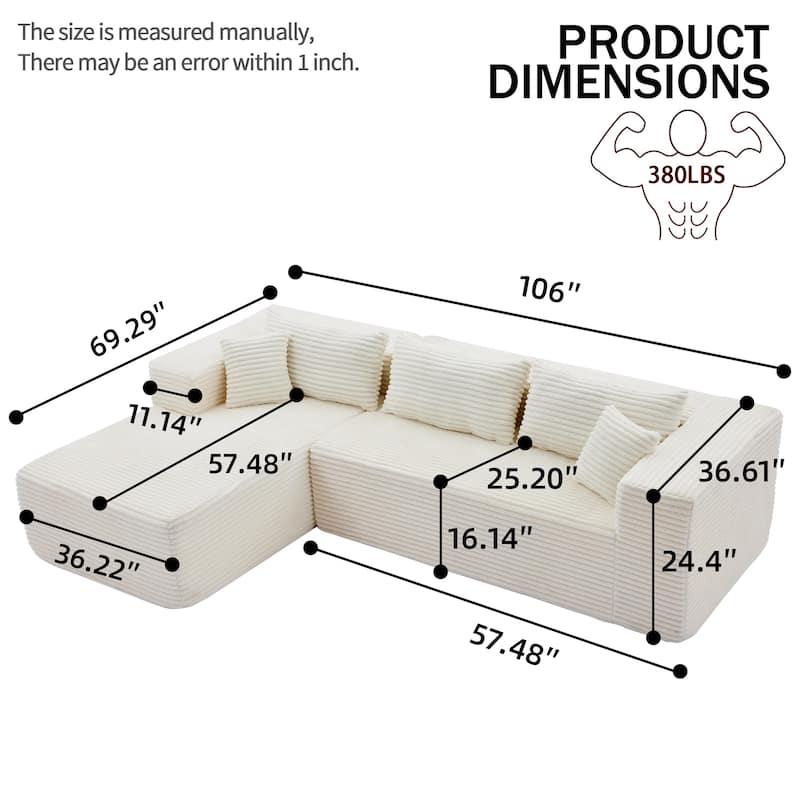 Floor Standing Modular Deep Seat Couch Corduroy L-shaped Sectional Sofa with Chaise Lounge, Pillows and Square Arms