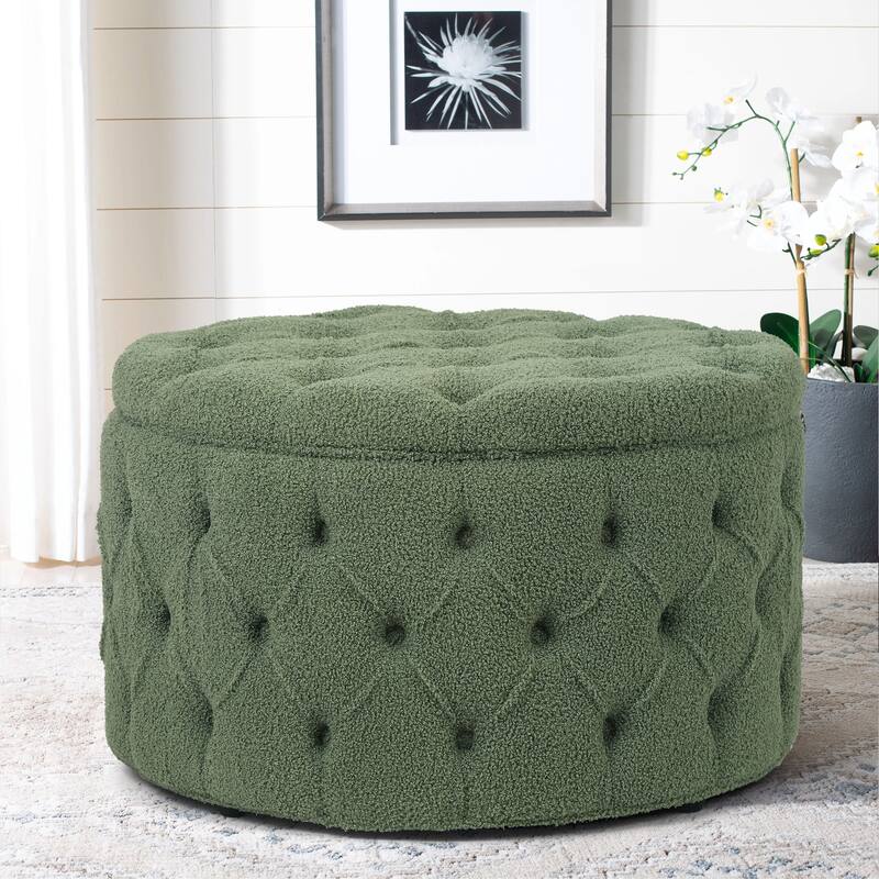 Adeco Round Storage Ottoman Button Tufted Footrest Stool Bench - Dark-Green