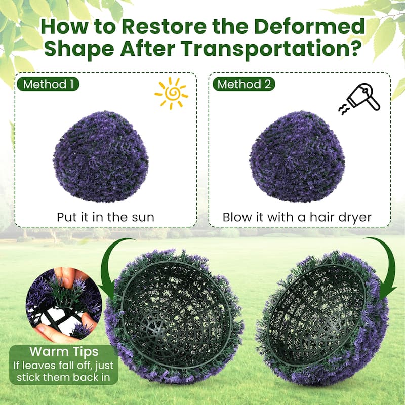 15" Diameter Artificial Lavender Topiary Balls Set of 2 Faux Boxwood Spheres for Outdoor Use - 12"Dia