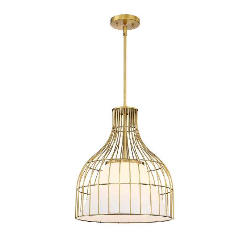 Evensong 60 Watt 1-Light Brushed Gold Bell Pendant with Etched Opal Glass Shade and Metal Outer Cage - 18.75
