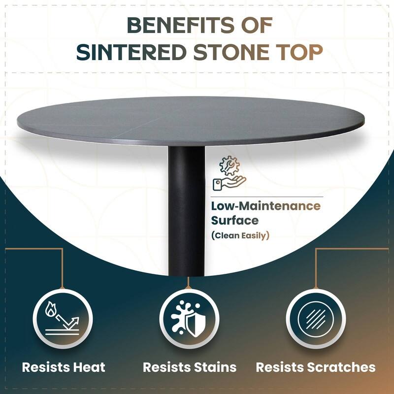 Vail Round Dining Table 27 in. Sintered Stone Tabletop in Black Stainless Steel Cross X-Shape Pedestal Base