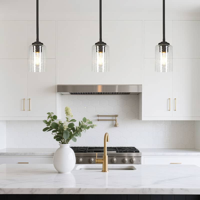 Modern Industrial 1-Light Black Pendant Seeded Glass Island Light for Dining Room Commercial - D3.9" x H7.2"