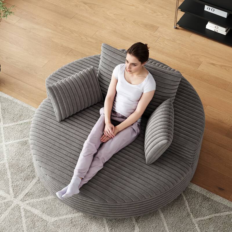 Oversized Swivel Accent Chair, Corduroy Round Lounge Sofa Chair, Upholstered Reading Armchair with Back Cushion & 2 Pillows