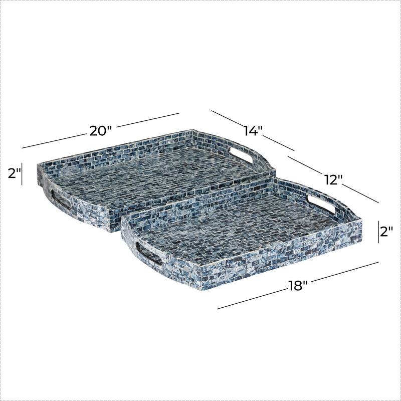 Blue Wood Living Room Decor Tray with Slot Handles (Set of 2) - 20 x 14 x 2