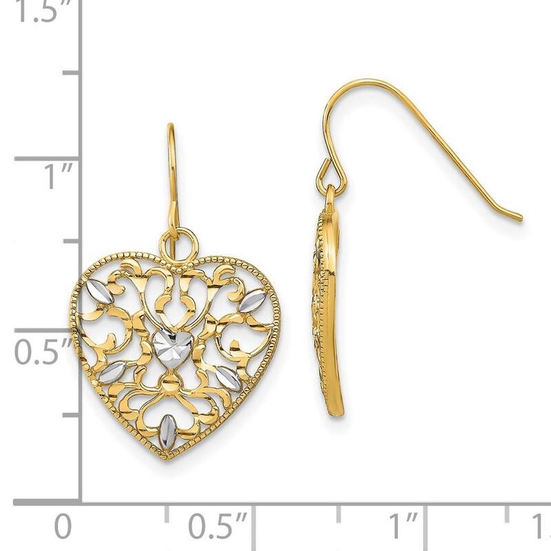Curata 10k Yellow Gold Rhodium Filigree Cut out Love Heart Wire Earrings - 24.93x15.43mm