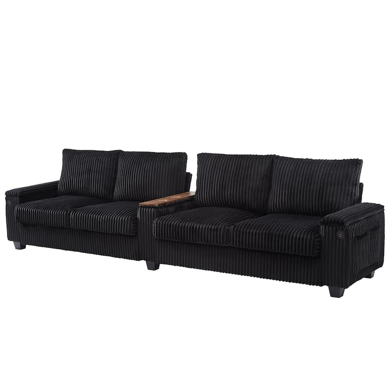 4 Seater Corduroy Sofa Couch with USB Ports and Storage Arms, 133" Modern Sofa with Side Pockets and Flip-Top Cup Holders