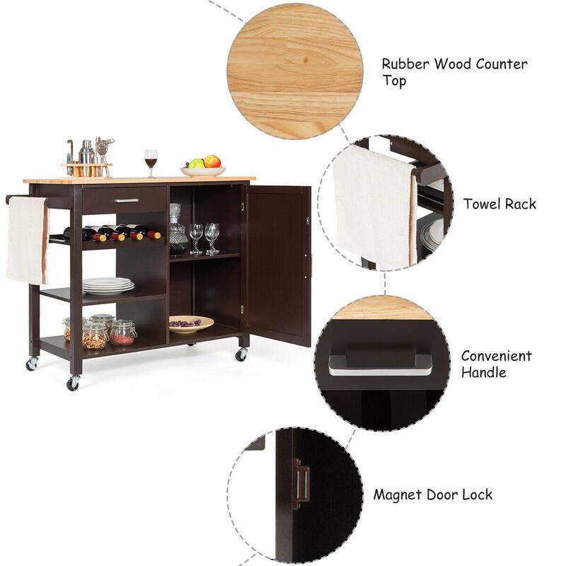 Gymax 4-Tier Wood Kitchen Island Trolley Cart Storage Cabinet w/ Wine