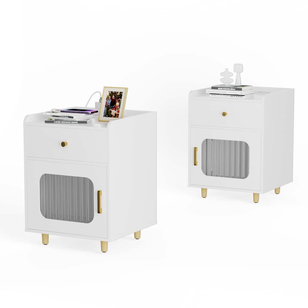 Modern Wooden Nightstand End Table with USB, Type C & Outlets and Drawer Set of 2
