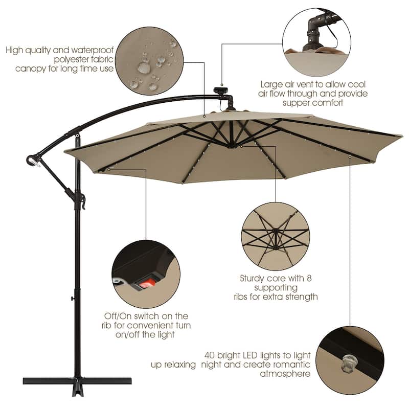 Gymax 10ft Solar Patio Umbrella Outdoor Offset Hanging Umbrella w/ 40