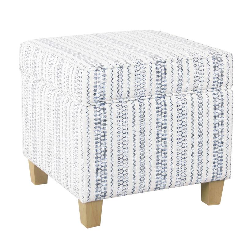 Pyp Square Storage Ottoman, 18 Inch Blue White Striped, Brown Legs