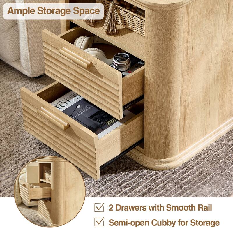 22" Fluted Night Stand with Charging Station, End Table with 2 Drawers & Open Storage, Side Tables Curved Profile Design