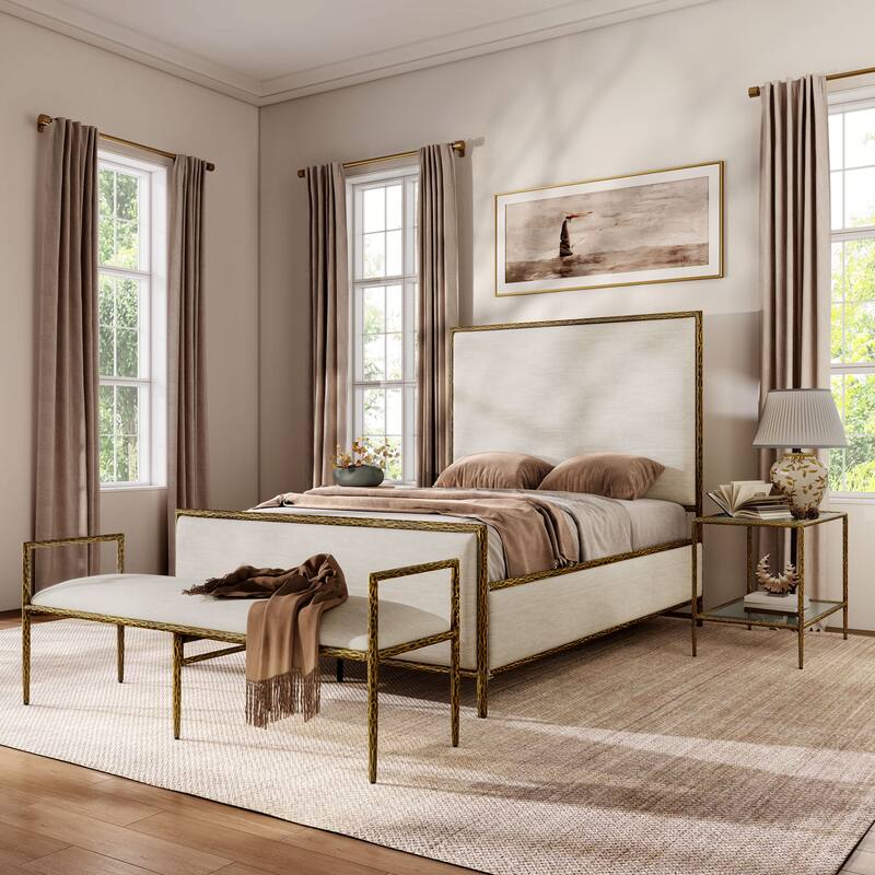 247 Shop At Home Lalia Modern 4-Piece Upholstered Hammered Metal Panel Bedroom Set with 2 Nightstands and Bench - Matte Gold - Full