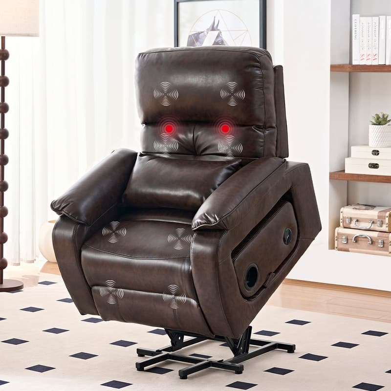 Mixoy Power Lift Recliners Chair with Vibration Massage Heating,8 Points MessageRecling Degrees,Storage,Cup Holder - Brown - 36''*36''*40''