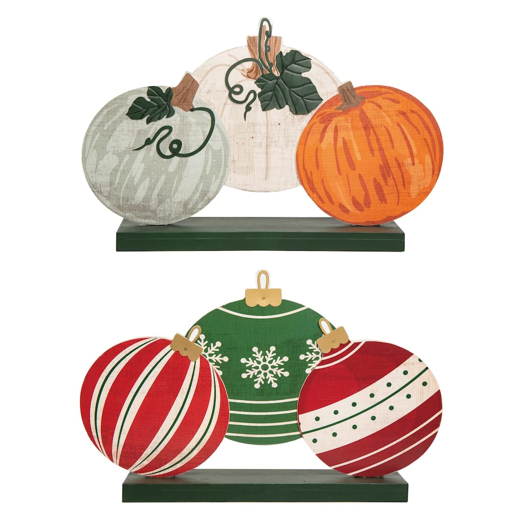 Transpac Wood 24.5 in. Multicolored Christmas Reversible Ornaments and Pumpkins Decor