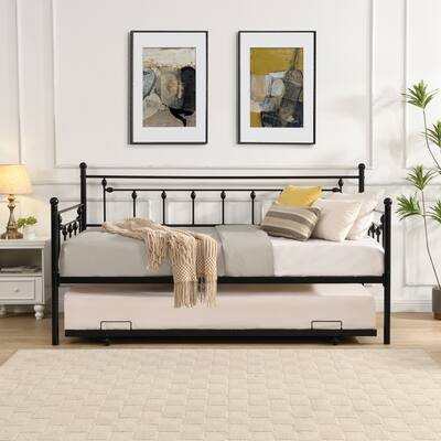 Platform Metal Bed Frame Twin Size Daybed w/ Trundle for Girls, Boys