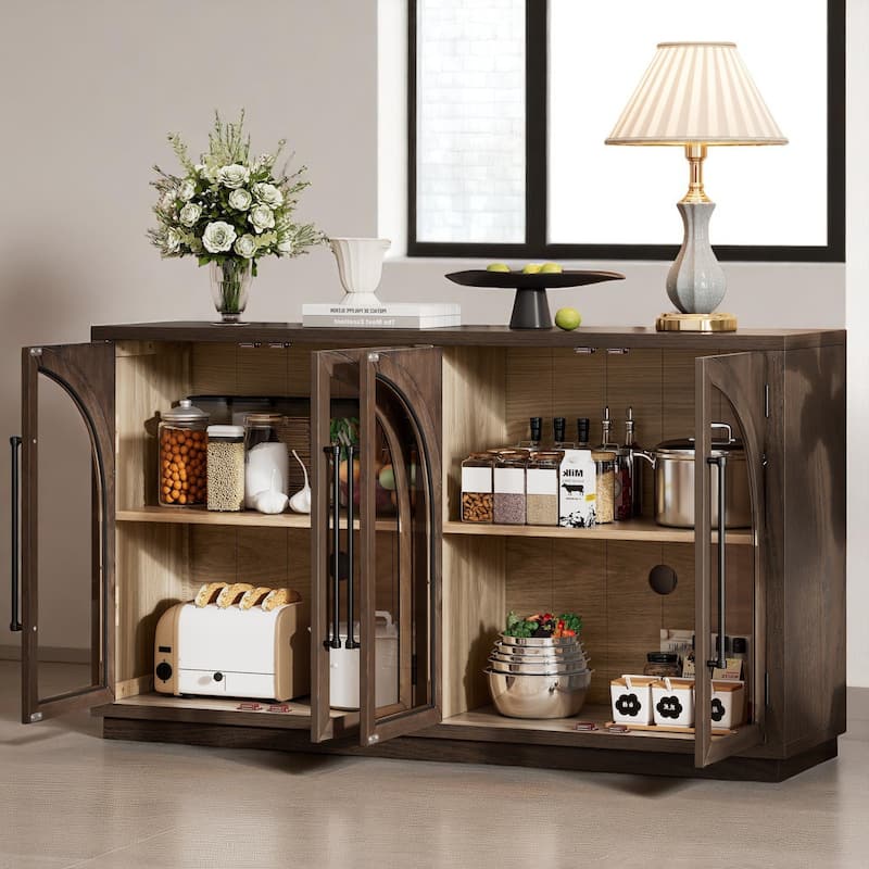 60" 4-Door Arched Sideboard Buffet Cabinet with Glass Doors and Adjustable Shelves, Retro Oak Veneer Console