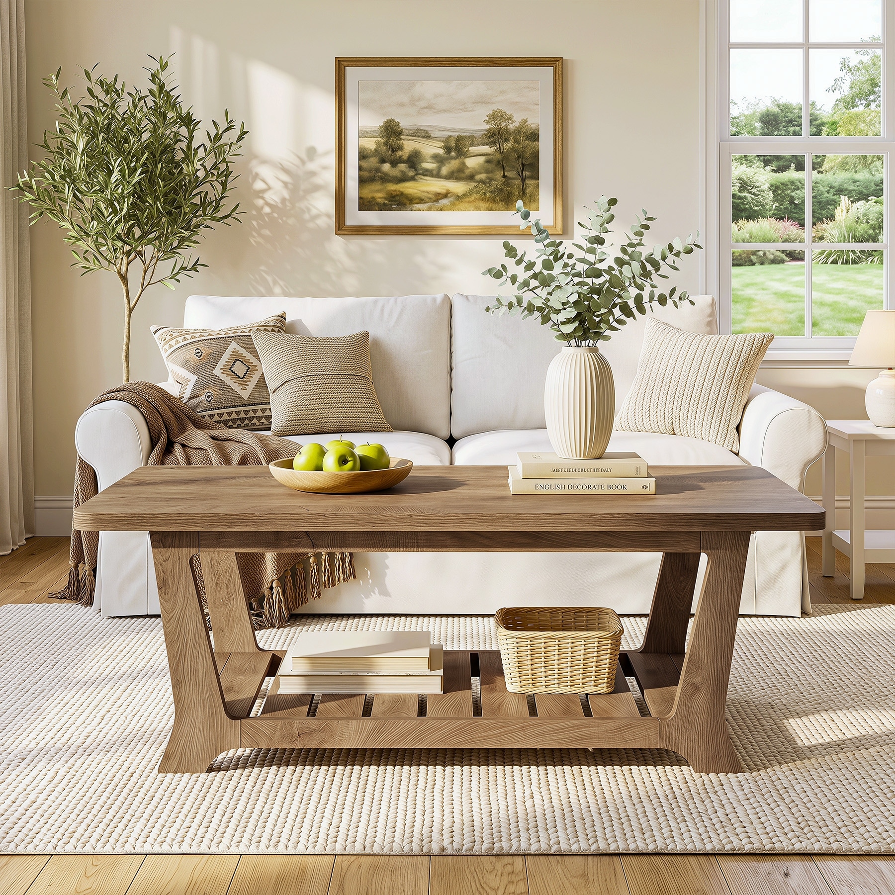 47.2" Rectangle Farmhouse Coffee Tables for Living Room with Shelves