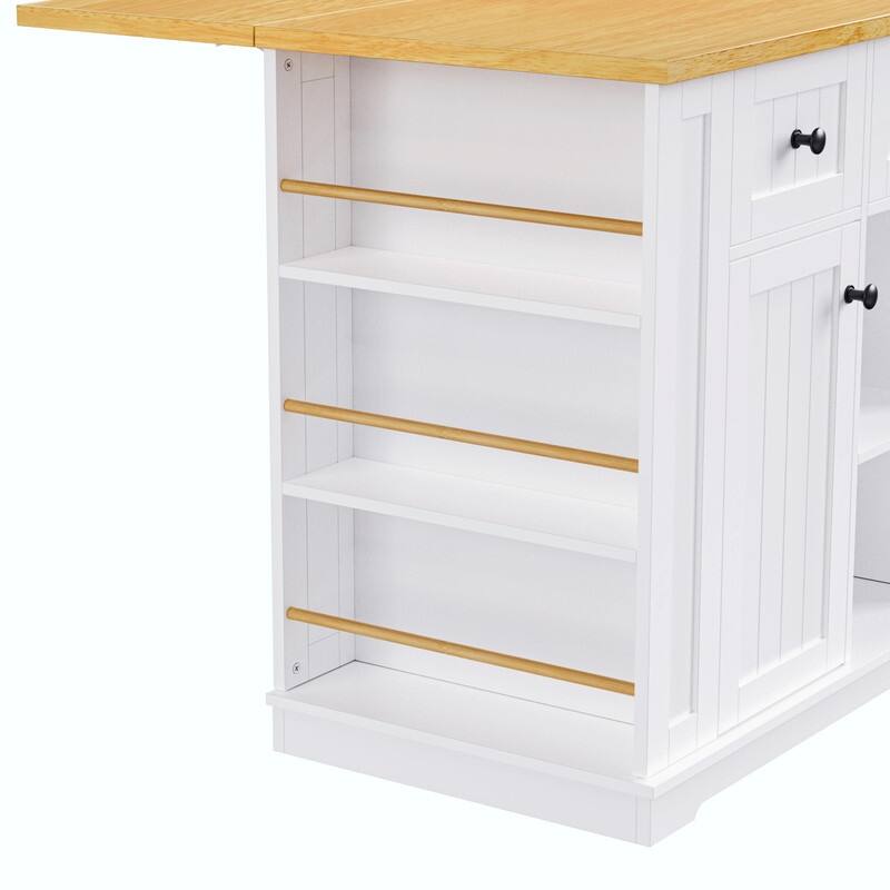 53" Rolling Kitchen Island with Drop Leaf, Power Outlet & Internal Door Storage, 5 Open Side Racks