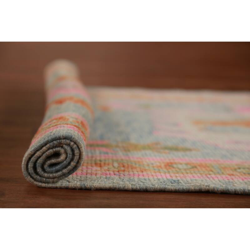 Hand Knotted Oriental 100% Wool Carpet Transitional Floral Navy Blue & Blues Oushak Runner Rug - 12' 8'' X 2' 11''