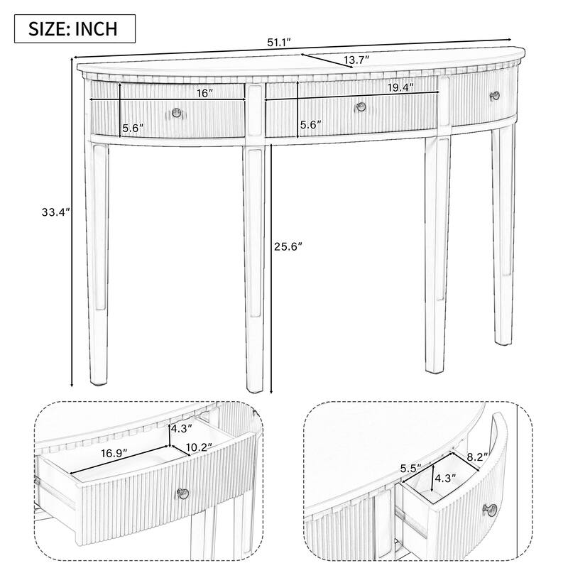 Curved Console Table with Vertical Stripe Drawer Fronts and 4 Legs