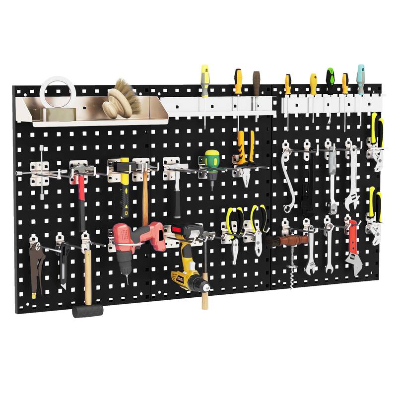 Gymax 3 Pcs Pegboard Wall Organizer w/ 25 Hooks Drill Bit Holder - Black