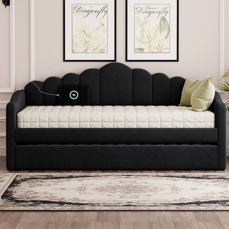 Twin Size Velvet Upholstered Daybed Vertical Stripes Backrest Sofa Bed with Trundle Bed, 2 USB Charging Ports, 2 Large Pockets