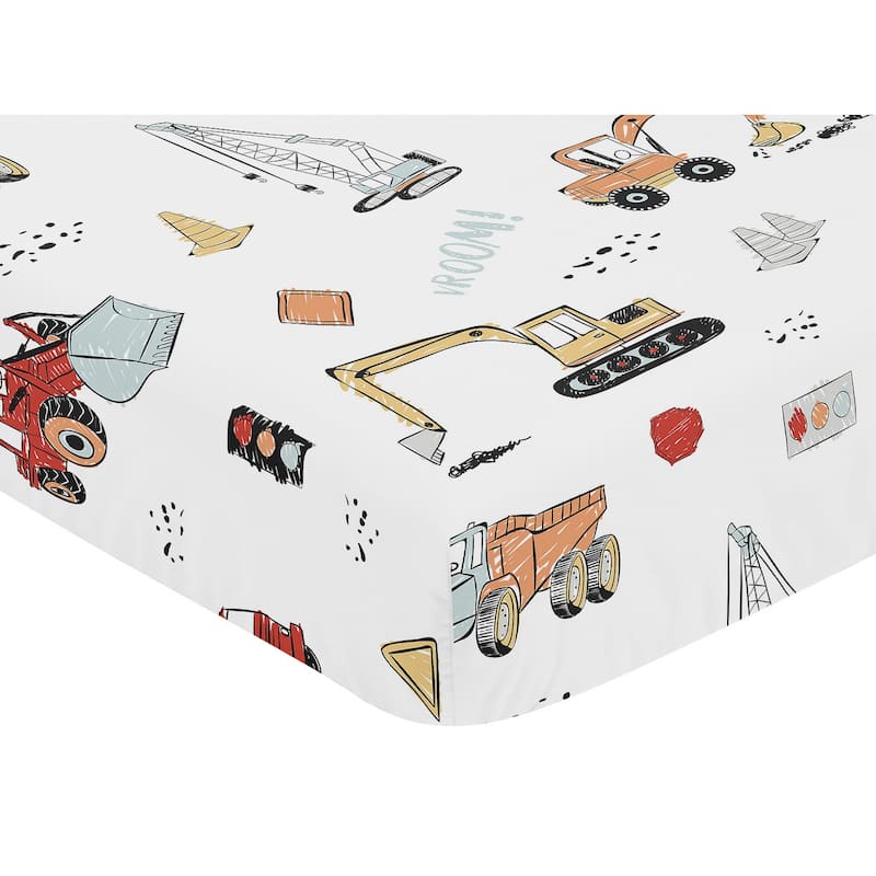 Sweet Jojo Designs Construction Truck Collection Boy Fitted Crib Sheet - Grey Yellow Orange Red and Blue Transportation