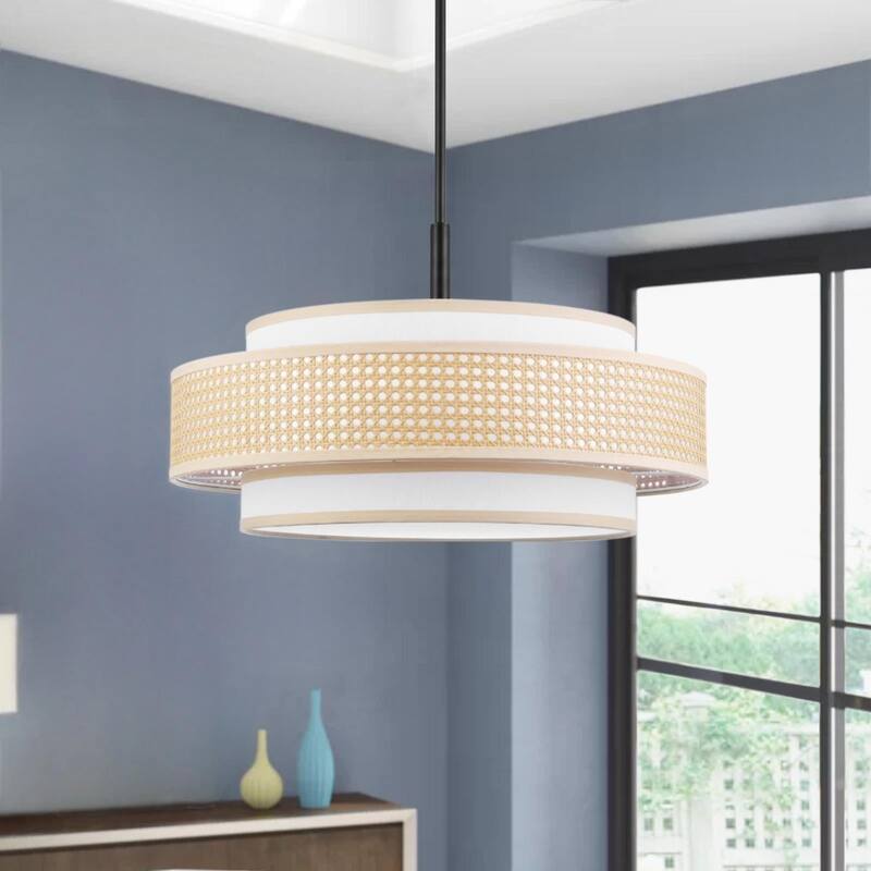 Modern Chandelier Black 24" 5-Light Woven Rattan Shade