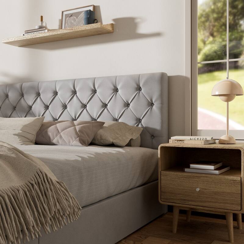 Plywood Frame Upholstered Platform Bed with Lift-up Storage Supported by Metal and Wooden Slats