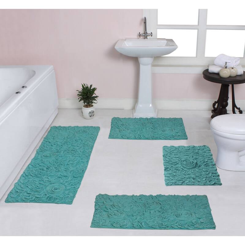 Home Weavers Modesto Collection 100% Cotton Bath Rug, Non-Slip Bath Rug, Extra Soft, Machine Wash, 4 Pcs Set with Runner - Turquoise - 17"x24", 21"x34", 24"x40", 21"x54"