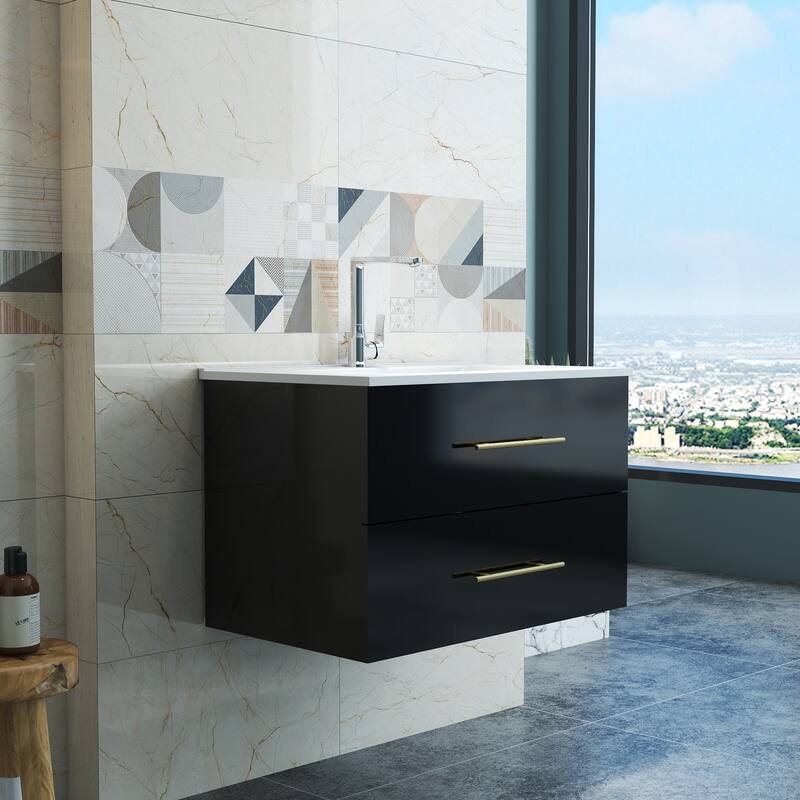 30-Inch Gloss Wall-Mounted Bathroom Vanity with Sink Combo, Double Drawers,Ceramic Sink,Long Metal Handle